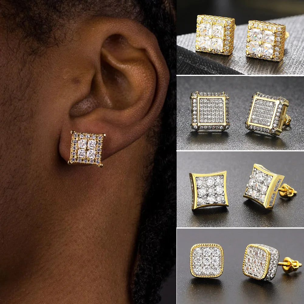 Hip Hop Ice Studded Earrings For Men Male Trend Cubic Zirconia Piercing Hiphop Gold Color Square Earring Jewelry Accessories