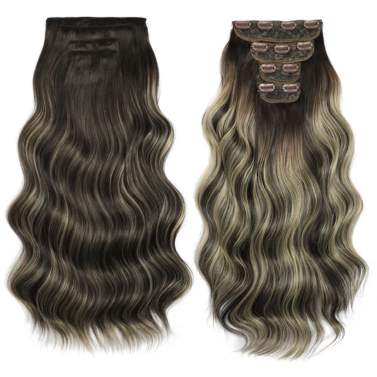 4PCS Clip in Hair Extensions Synthetic 22Inch Long Spiral Wavy Curl Natural Thick Hairpieces for Women Light Brown