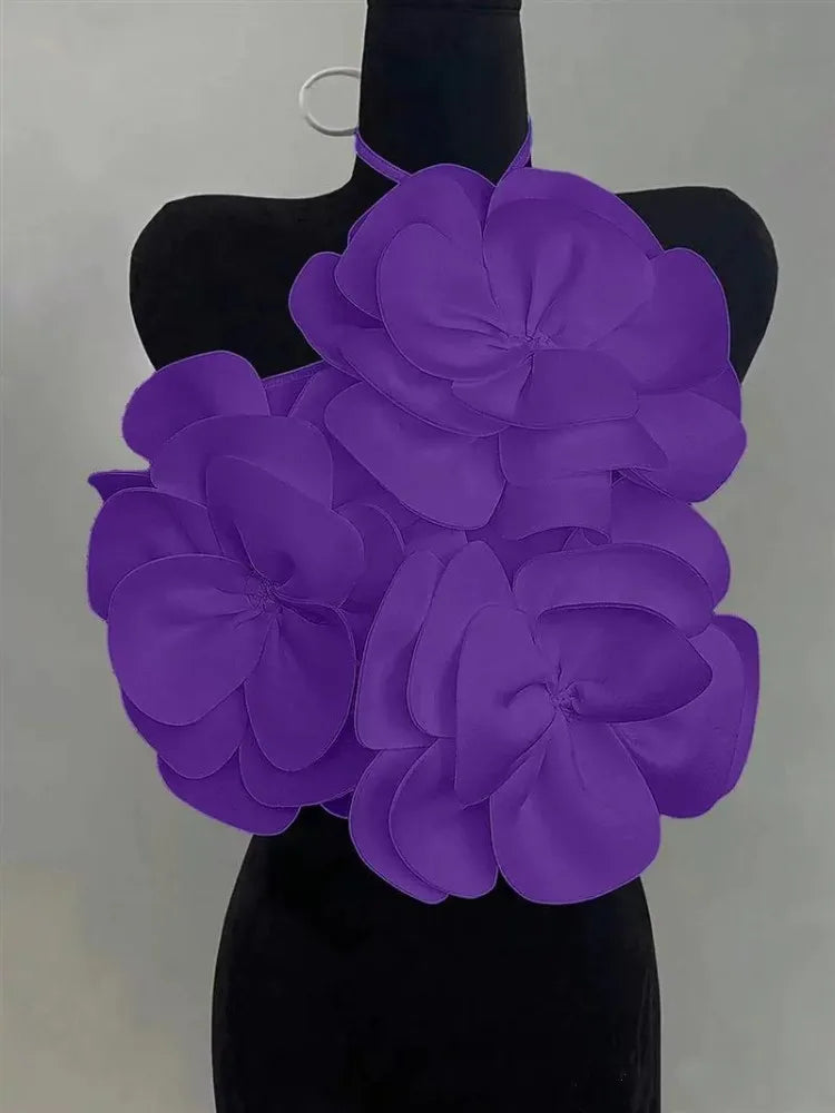 Joskaa 2025 Summer Women's 3D Flower Chic Tops Sexy Halter Lace-Up Backless Crop Camisole Vacation Party Club Beachwear S-XXL