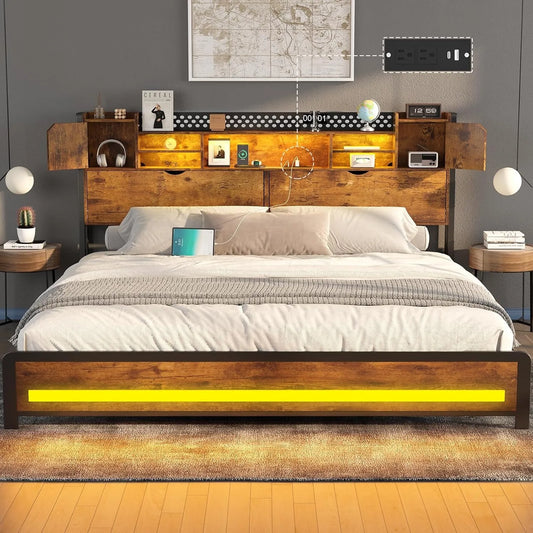 Bed Frame and Storage Headboard, LED Bed Frame with USB Charging Station, Metal Platform Bed Frame with Hidden Storage Space