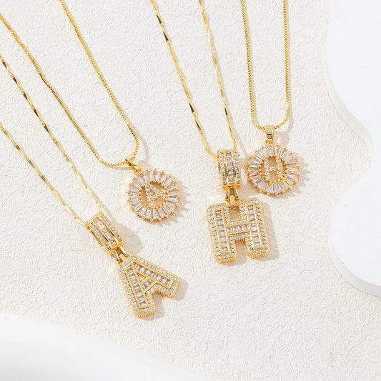 2Pcs Full CZ Zircon Iced Crystal Initial Letter Flower Necklace Women Copper A-Z Alphabet Pendant Couple Jewelry Birthday Gifts