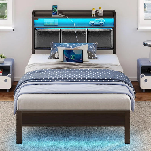 Bed Frame Twin Size with Charging Station & LED Lights,Headboard with Storage Shelves,Heavy Duty Metal Slats, No Box Spring Need