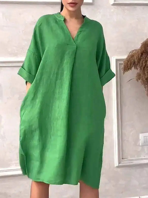 Fashion Cotton And Linen Women's V-neck Loose Dress 2025 Spring And Summer Solid Color Casual Short Sleeved Pocket Midi Dresses