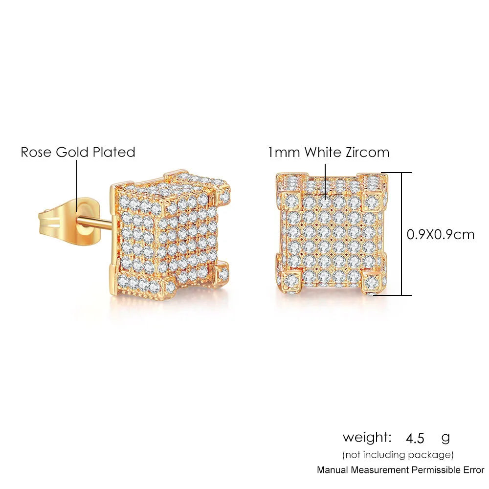 Hip Hop Ice Studded Earrings For Men Male Trend Cubic Zirconia Piercing Hiphop Gold Color Square Earring Jewelry Accessories