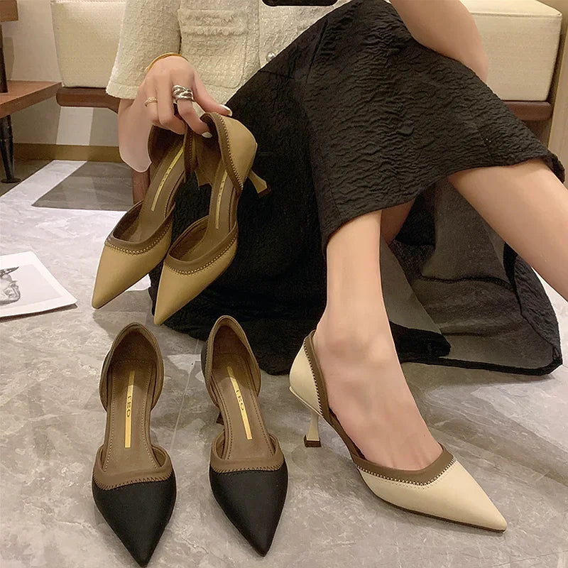 High Heels Medium Summer 2024 Pointed Toe Footwear Sandals for Women Ladies Shoes Thin Office Work Vintage Daily Casual on Offer