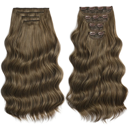 4PCS Clip in Hair Extensions Synthetic 22Inch Long Spiral Wavy Curl Natural Thick Hairpieces for Women Light Brown
