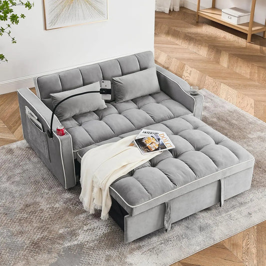 3 in 1 Sleeper Sofa Couch Bed,Velvet Convertible Loveseat Sleeper Sofa Bed,Pull Out Sofa Bed With USB Port Ashtray Swivel Phone