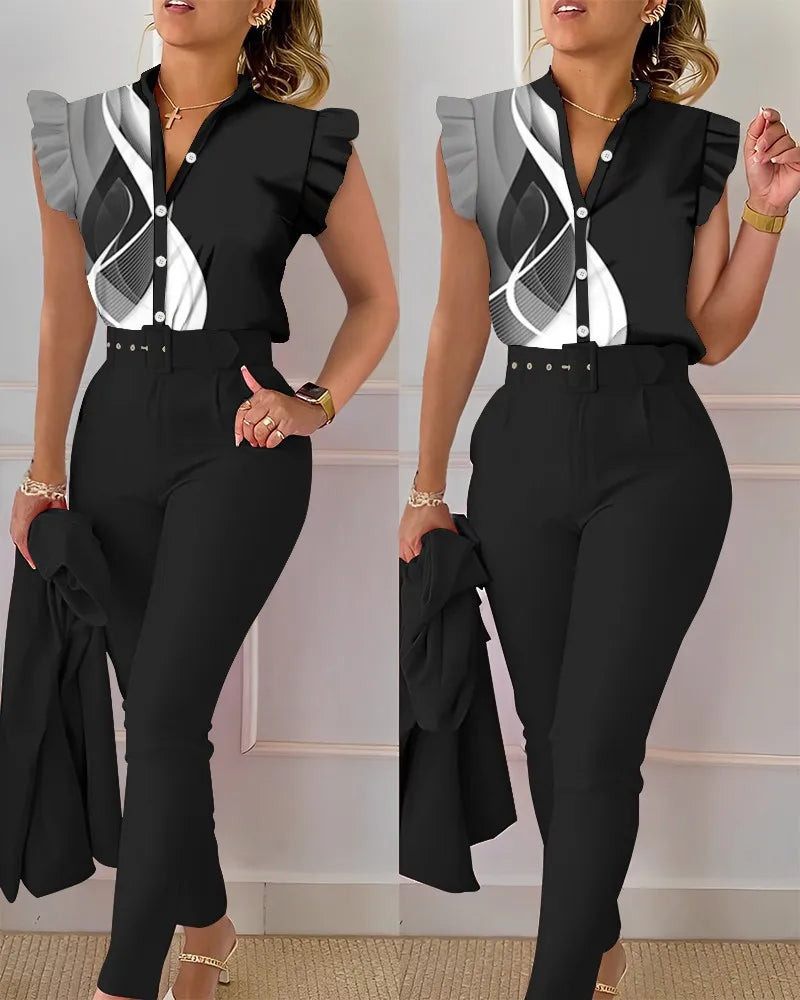 Women Shirt Trousers Set Elegant Women's Office Wear Set with V Neck Top High Waist Pants Belt Chic Color Matching Slim for Work