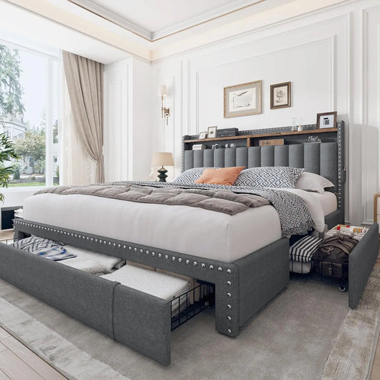 Queen Bed Frame with 3 Drawers Upholstered Bed Frame  Size with Headboard,Size  Frame,  Frame with