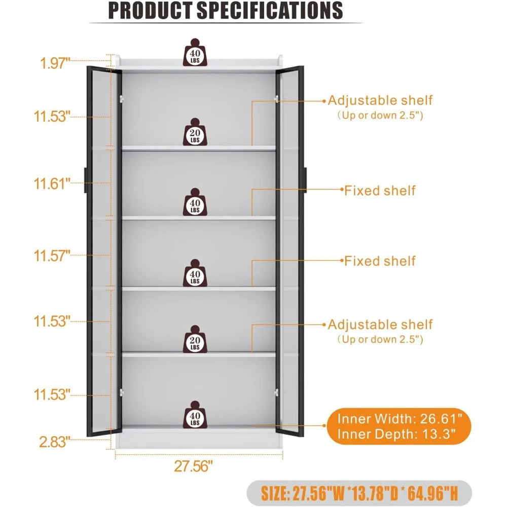 Storage Cabinet with Doors Adjustable Shelves - 65" White Tall Kitchen Pantry Organizer with Metal Handle/LED Lights/Human Senso