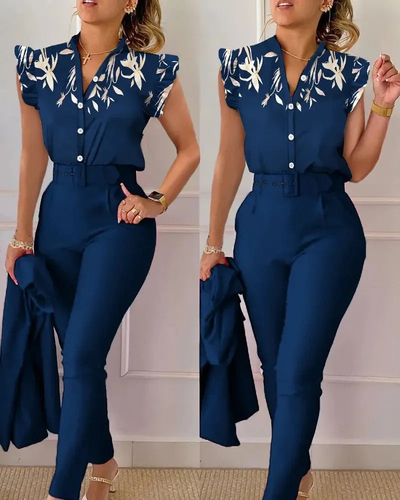 Women Shirt Trousers Set Elegant Women's Office Wear Set with V Neck Top High Waist Pants Belt Chic Color Matching Slim for Work