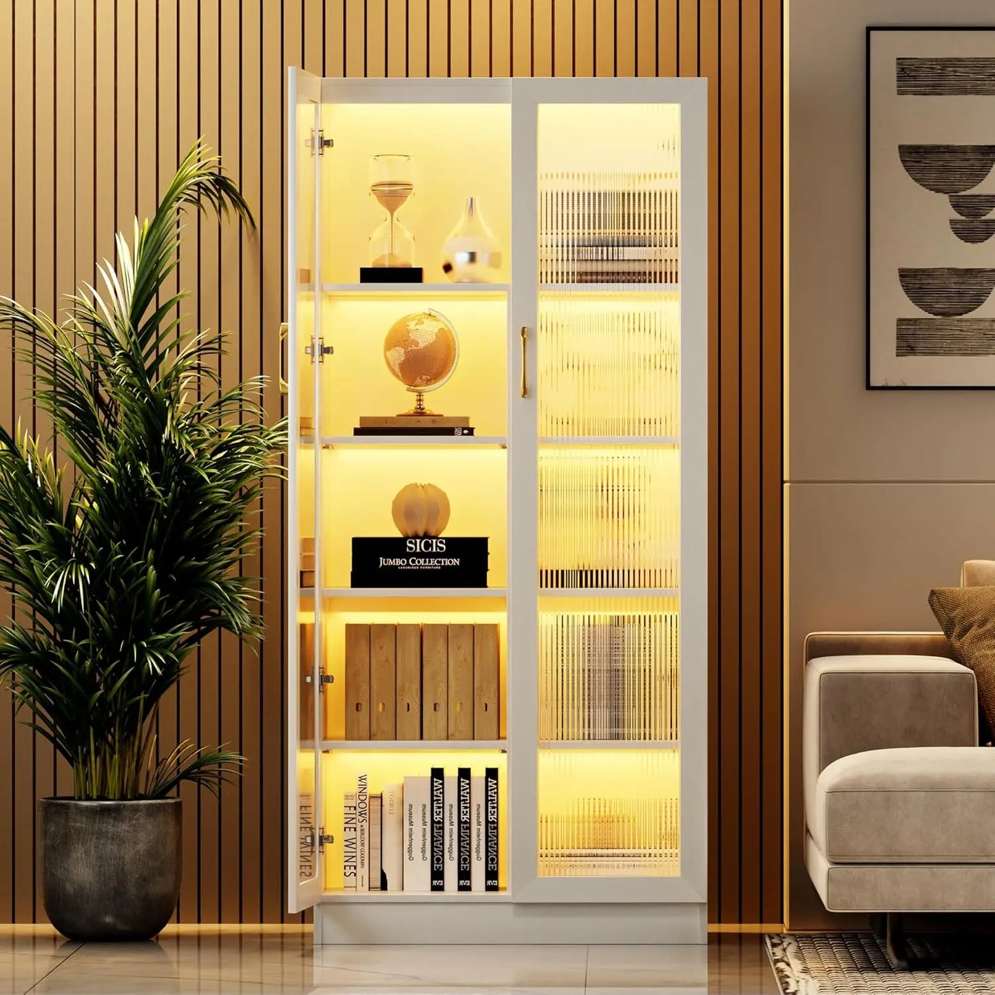 Storage Cabinet with Doors Adjustable Shelves - 65" White Tall Kitchen Pantry Organizer with Metal Handle/LED Lights/Human Senso