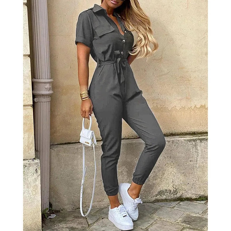 Women's Monochromatic Belt Workwear Jumpsuit, Casual Pants, Flip Collar, Buckle, European and American, Summer, 2024