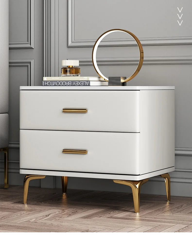 Modern Style Solid Wood Bedside Table with 2 Drawers Leather Bedroom Nightstands with Sintered Stone Top Mini Storage Cabinet