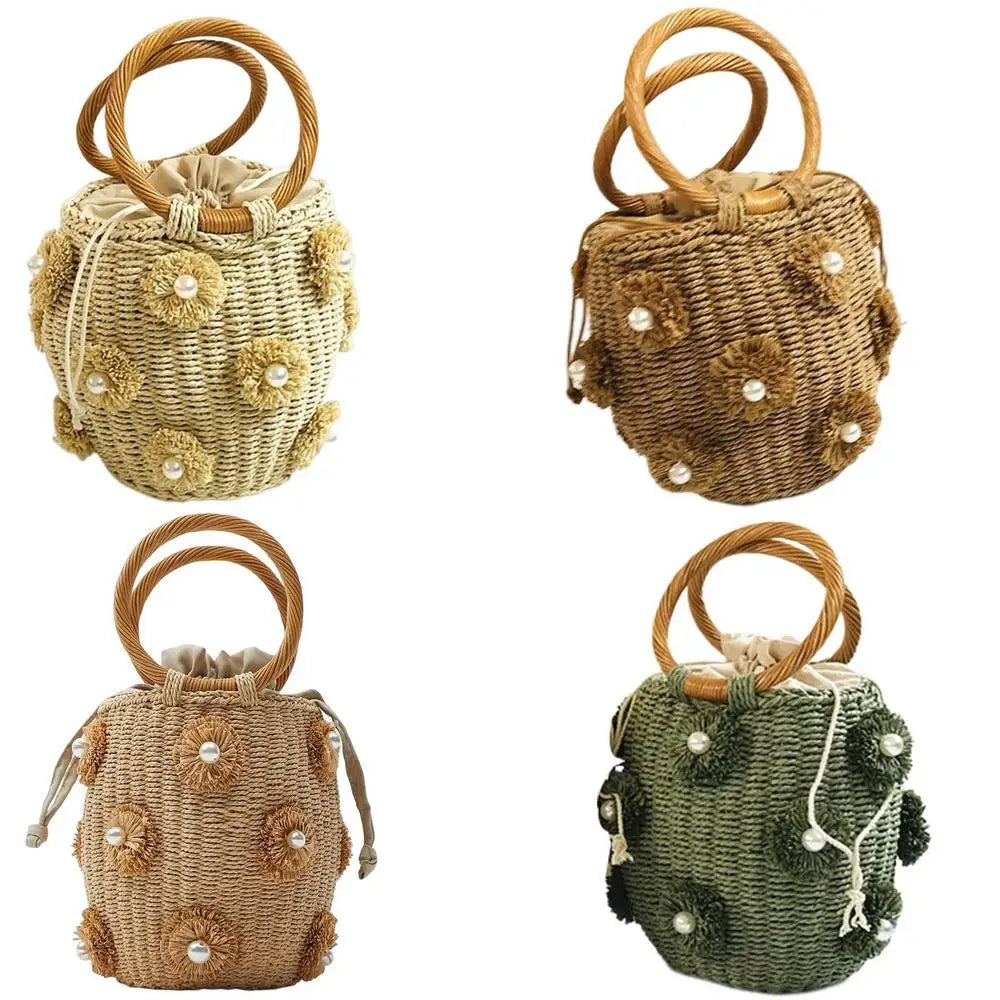 Flower Rattan Bag Woven Tote Bag With Flower Pearl Straw Beach Bag In Bucket Shape For Parties Shopping Travel Camping Hiking