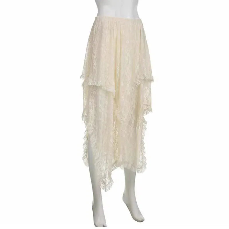 Lace Asymmetrical Skirt Women Vintage Y2K Boho Aesthetic Fashion High Waist Mid Skirts Summer Ladies Holiday Outfits