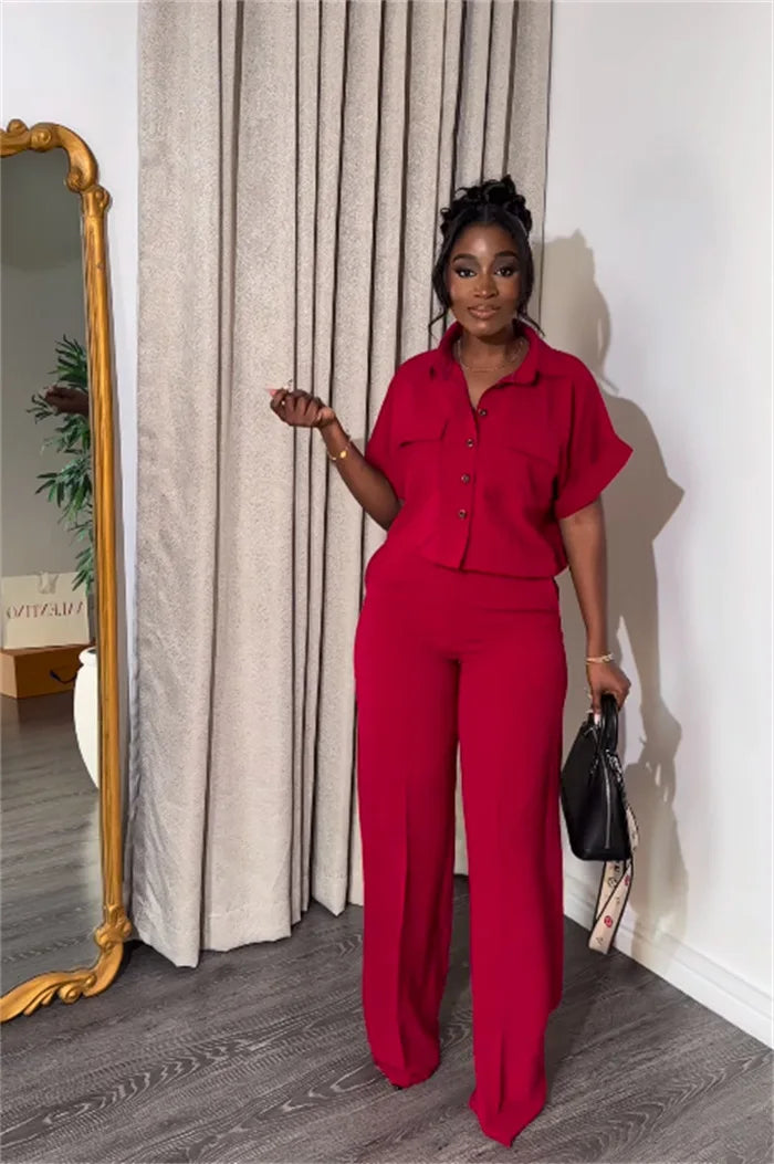 Women's Two-piece Set Spring Summer New Style Lapel Short-sleeved Shirt High Waist Wide Leg Trousers Casual Suit Women Clothing