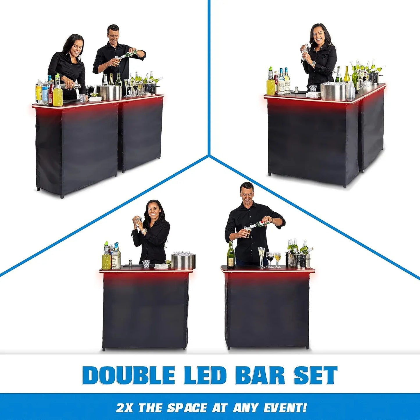 Gobar Portable Double Bar Table Set With Multi-Color Led Lights - Mobile Bartender Station For Events - Includes Carrying Case