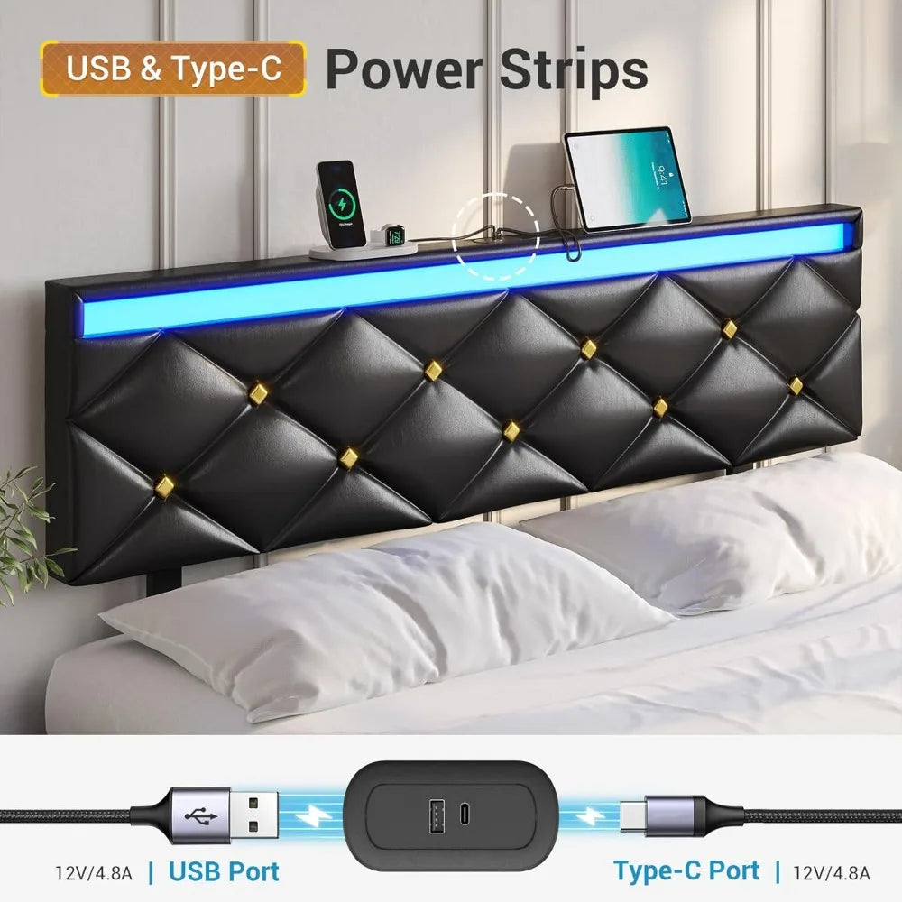 Floating Bed Frame King Size with LED Lights and Charging Station, Modern King Platform Bed with Vegan Leather Upholstered