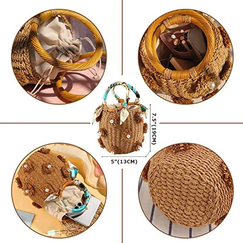 Flower Rattan Bag Woven Tote Bag With Flower Pearl Straw Beach Bag In Bucket Shape For Parties Shopping Travel Camping Hiking