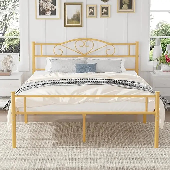 Metal Platform Bed Frame with Headboard & Footboard, Steel Slats Mattress Foundation, No Box Spring Needed, Queen, Gold