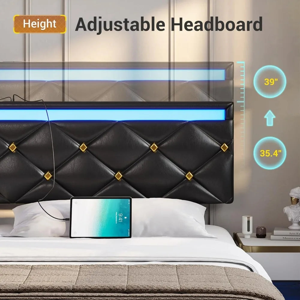 Floating Bed Frame King Size with LED Lights and Charging Station, Modern King Platform Bed with Vegan Leather Upholstered