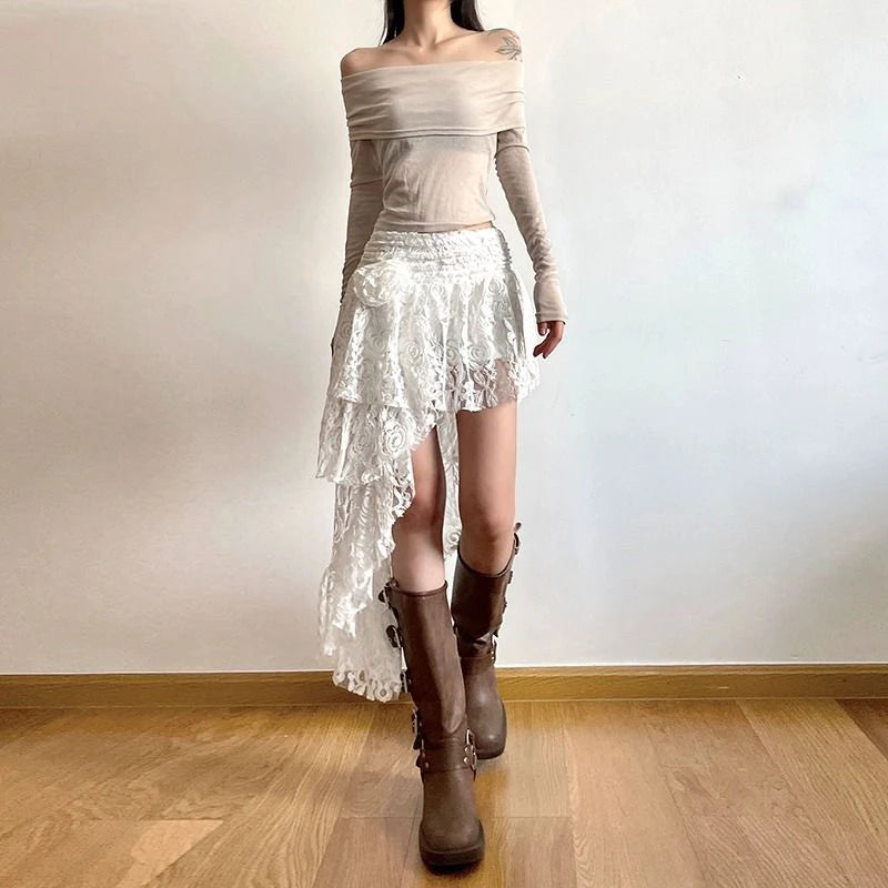 Asymmetrical Lace Skirt Women Sexy Bohemian Elegant High Waist A Line Skirt 2000S Retro Streetwear Y2K Casual White Skirts New