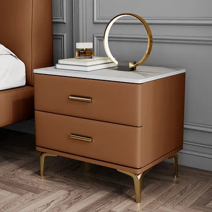 Modern Style Solid Wood Bedside Table with 2 Drawers Leather Bedroom Nightstands with Sintered Stone Top Mini Storage Cabinet