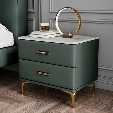 Modern Style Solid Wood Bedside Table with 2 Drawers Leather Bedroom Nightstands with Sintered Stone Top Mini Storage Cabinet