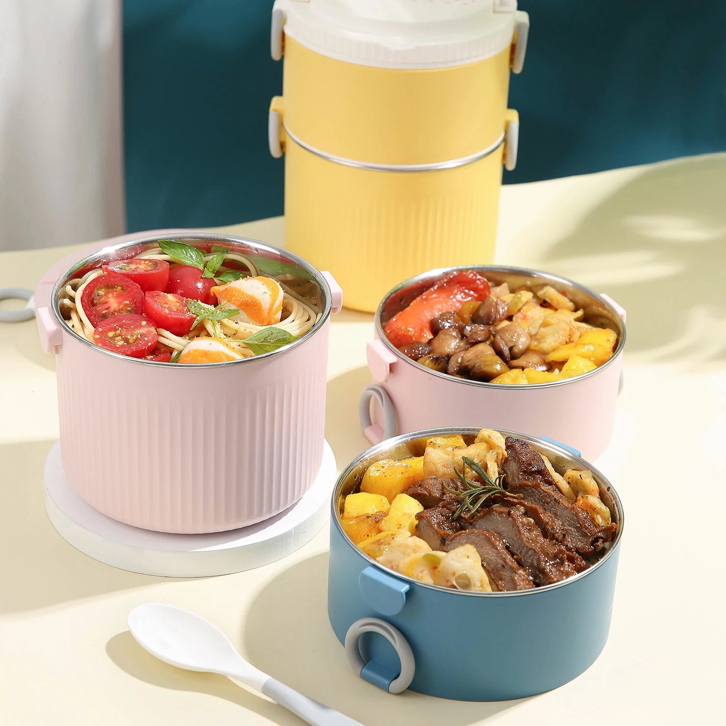 Double Layer Lunch BOX With Spoon Handle Food Storage Container School Kid Bento Box Office Picnic Camping Lunch Box Tiffin Box