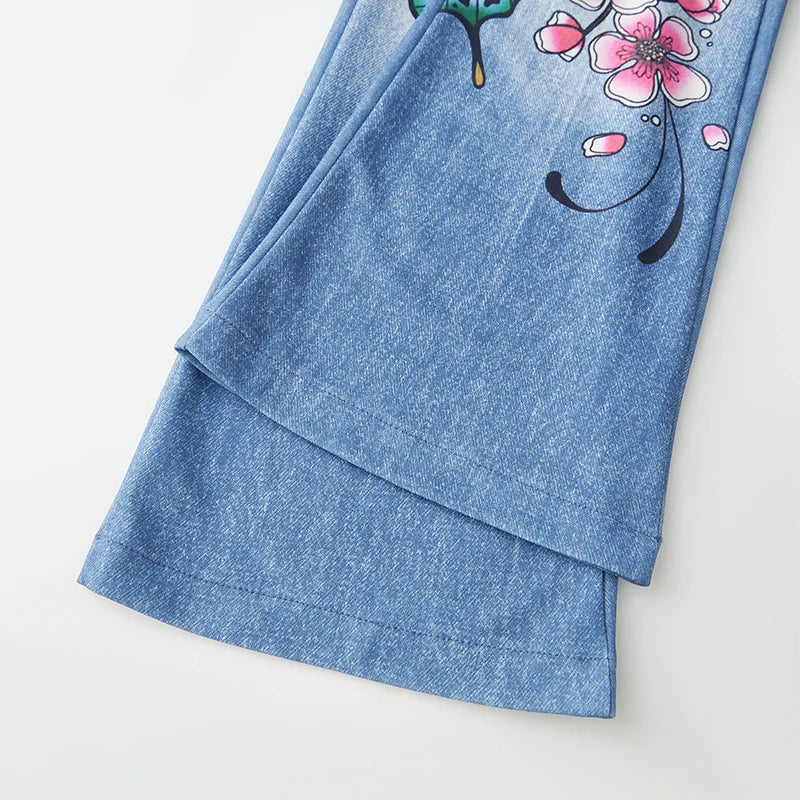 Puloru Stylish Floral Print Blue Flared Pants with Pockets Women's Mid-Rise Casual Slim Fit Bell-Bottoms Long Trousers Plus Size