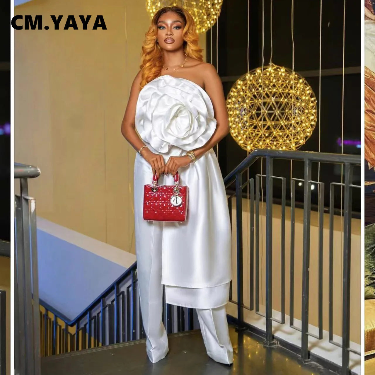 CM.YAYA Women Fashion 3D Flower Applique Strapless Side Crop Top 2025 Summer Vintage Streetwear INS Asymmetrical Tee Tops