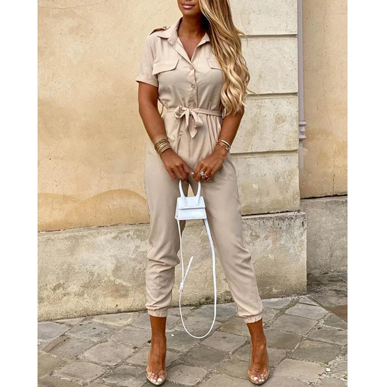 Women's Monochromatic Belt Workwear Jumpsuit, Casual Pants, Flip Collar, Buckle, European and American, Summer, 2024