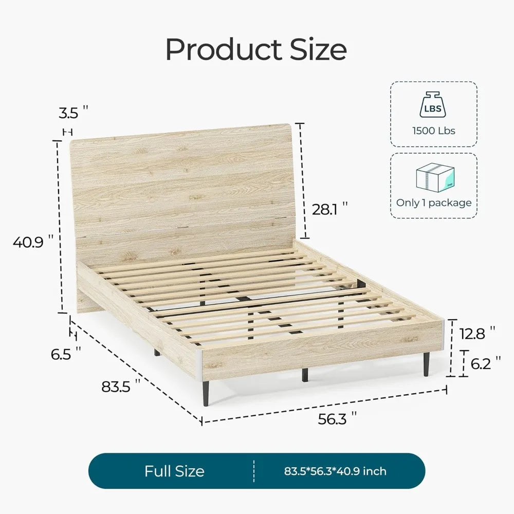 LINSY Full Size Wood Bed Frame with Ergonomic Headboard, RGB Lights, Outlets & Charger, Storage Shelf, Noise-Free, No Box