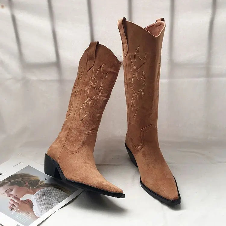 Shoes for Woman Western Cowgirl Cowboy Fur Footwear Long Denim Women's Boots Punk Winter Knee High Shaft White Hot Gothic Boot