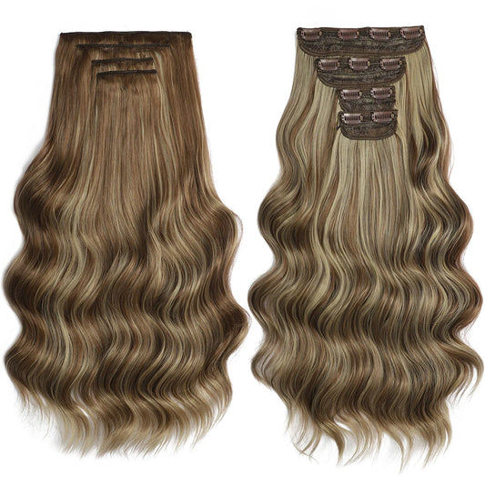 4PCS Clip in Hair Extensions Synthetic 22Inch Long Spiral Wavy Curl Natural Thick Hairpieces for Women Light Brown