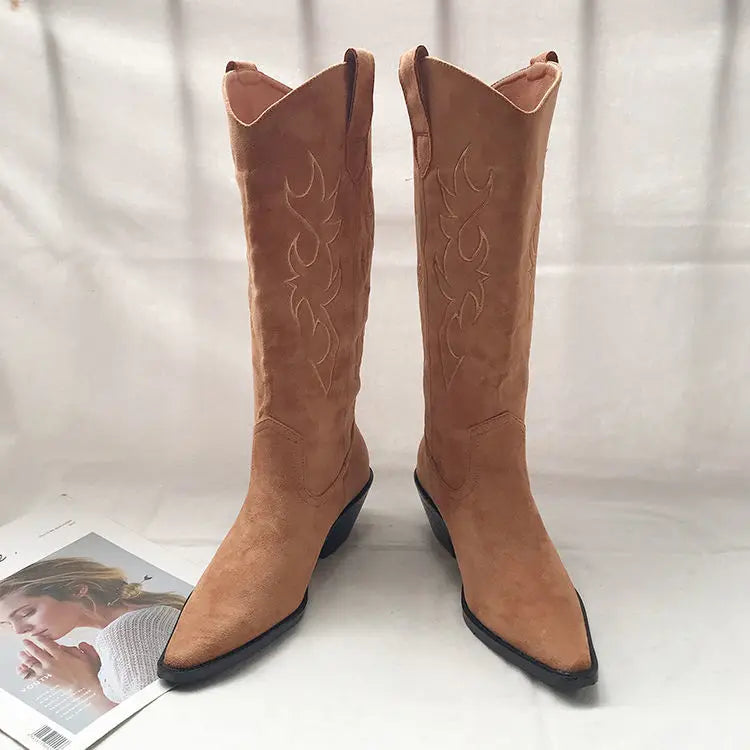 Shoes for Woman Western Cowgirl Cowboy Fur Footwear Long Denim Women's Boots Punk Winter Knee High Shaft White Hot Gothic Boot