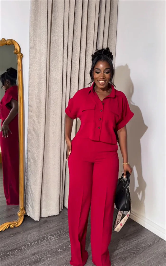 Women's Two-piece Set Spring Summer New Style Lapel Short-sleeved Shirt High Waist Wide Leg Trousers Casual Suit Women Clothing