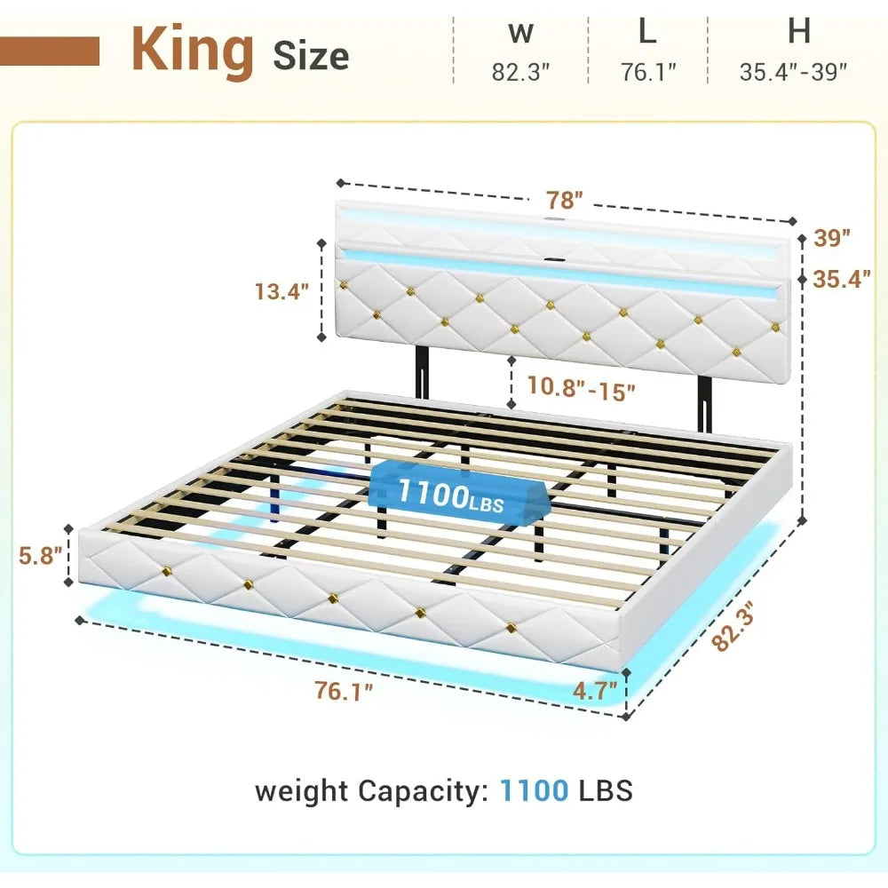 Floating Bed Frame King Size with LED Lights and Charging Station, Modern King Platform Bed with Vegan Leather Upholstered