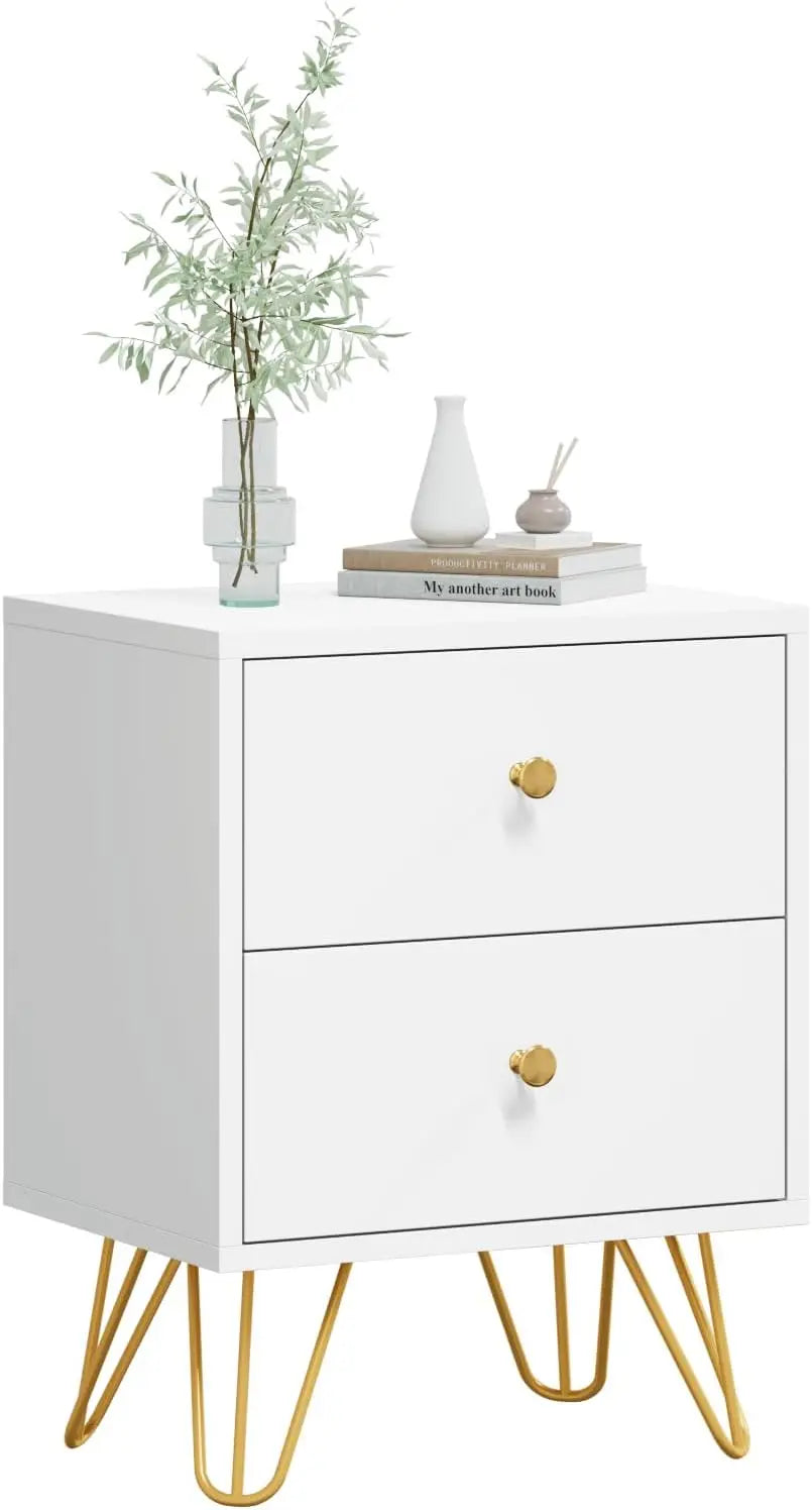 Nightstand Set of 2, End Side Table Double, Bedside Table with 2 Drawers,  Stand Metal Legs and Knobs for Bedroom Living.