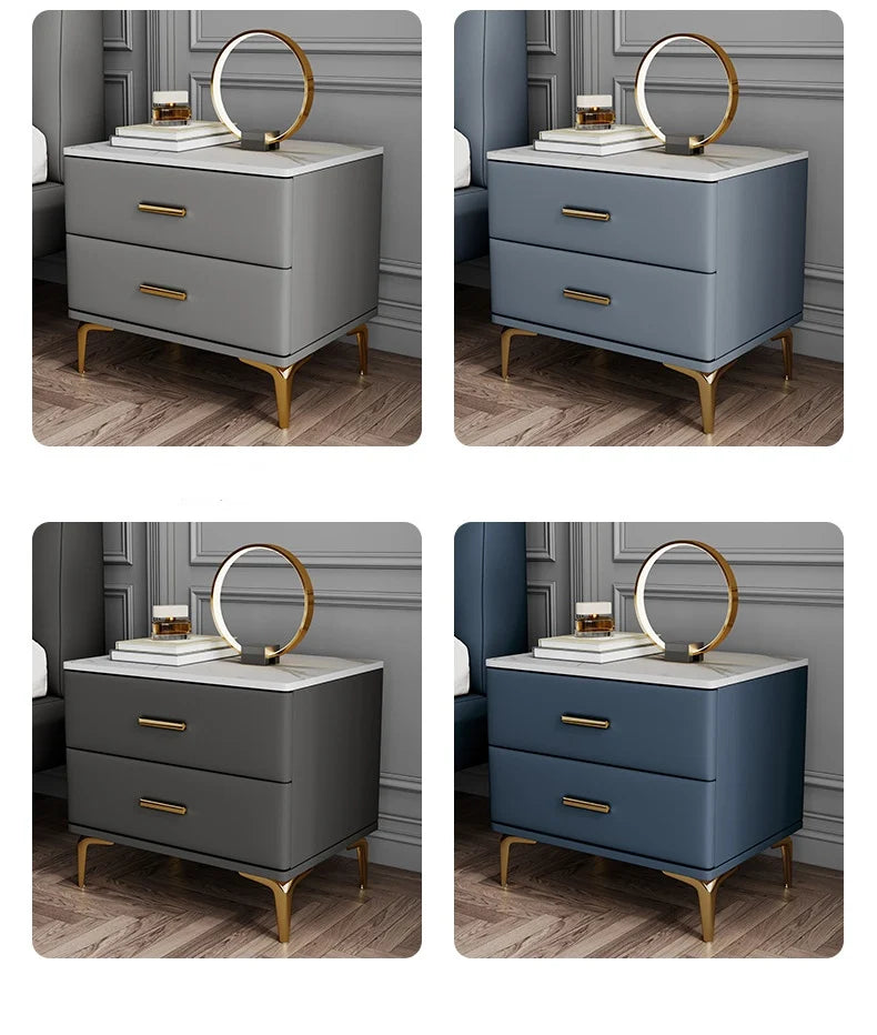 Modern Style Solid Wood Bedside Table with 2 Drawers Leather Bedroom Nightstands with Sintered Stone Top Mini Storage Cabinet
