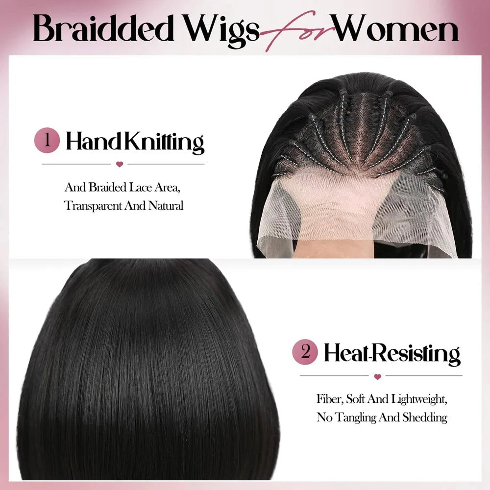 13X6 Lace Front Braided Wigs for Black Women Synthetic Short Straight Bob Wigs with Braid 12 Inch Short Cornrow Braided Wigs