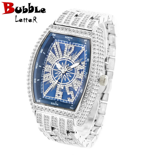 Bubble Letter STAR SKY COMPASS DIAL BLING Man ICED OUT WATCH Relogio Masculio