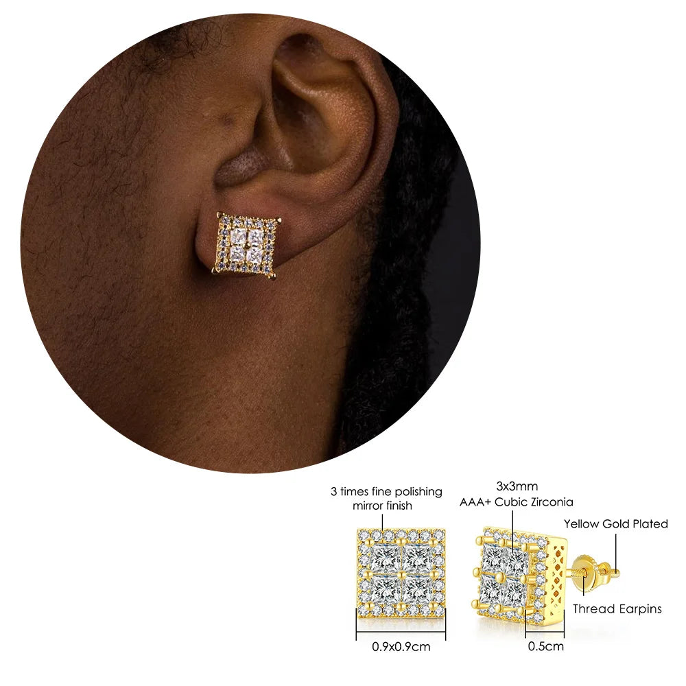 Hip Hop Ice Studded Earrings For Men Male Trend Cubic Zirconia Piercing Hiphop Gold Color Square Earring Jewelry Accessories