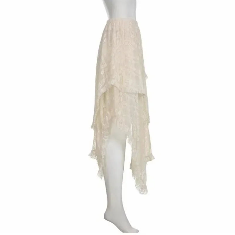 Lace Asymmetrical Skirt Women Vintage Y2K Boho Aesthetic Fashion High Waist Mid Skirts Summer Ladies Holiday Outfits