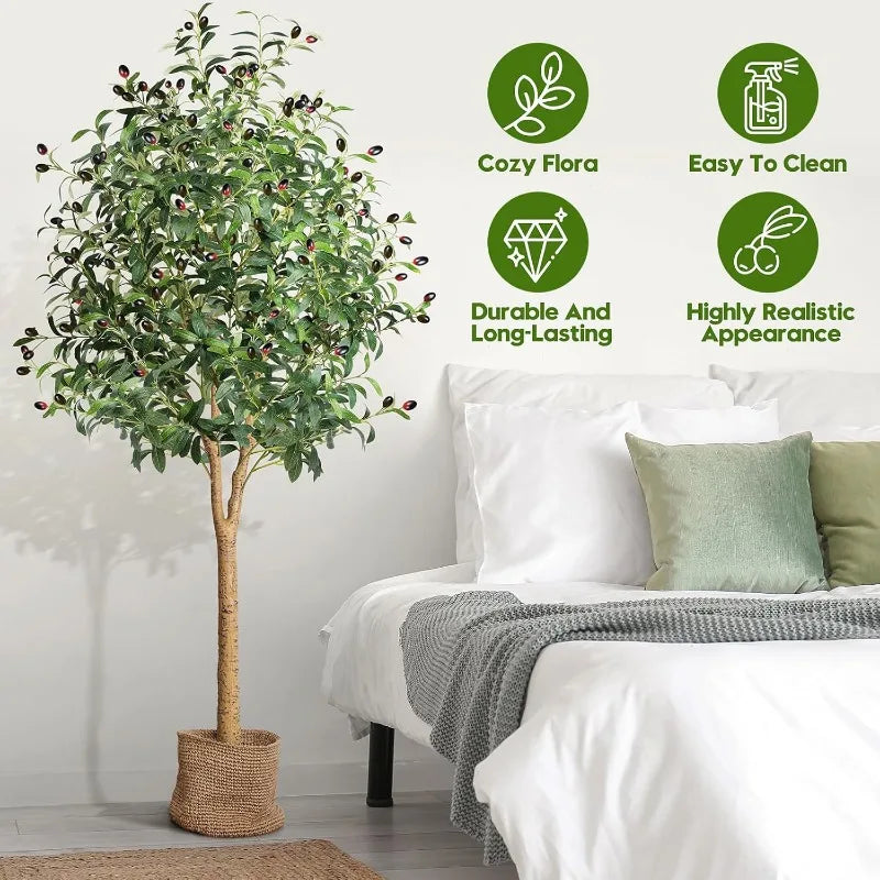 Artificial Olive Tree, Tall Faux Silk Plant Artificial Tree in Indoor Potted Oliver Branch Leaves and Fruits