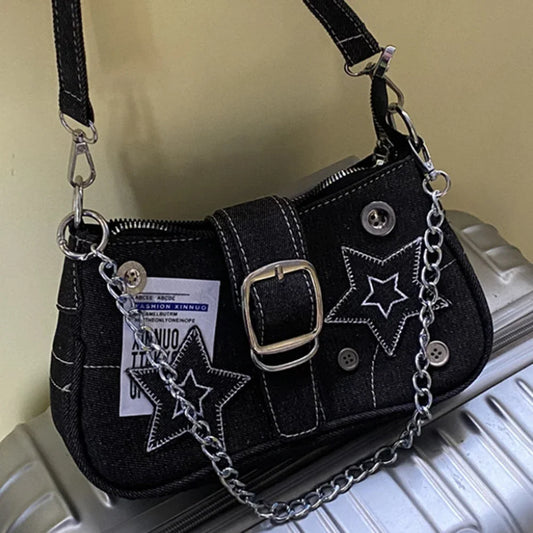 Women Cool Style Tote Purse Large Capacity Y2K Star Denim Underarm Bag Vintage Armpit Bag Solid Color Simple Commuting Bag