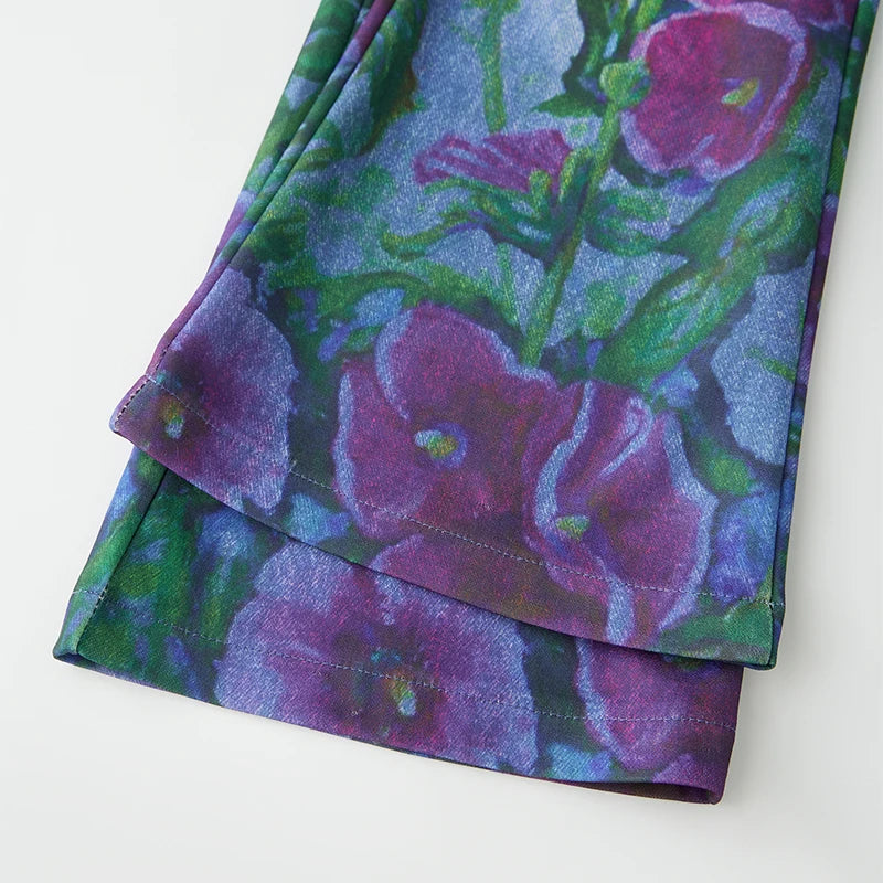 Puloru Stylish Floral Print Blue Flared Pants with Pockets Women's Mid-Rise Casual Slim Fit Bell-Bottoms Long Trousers Plus Size