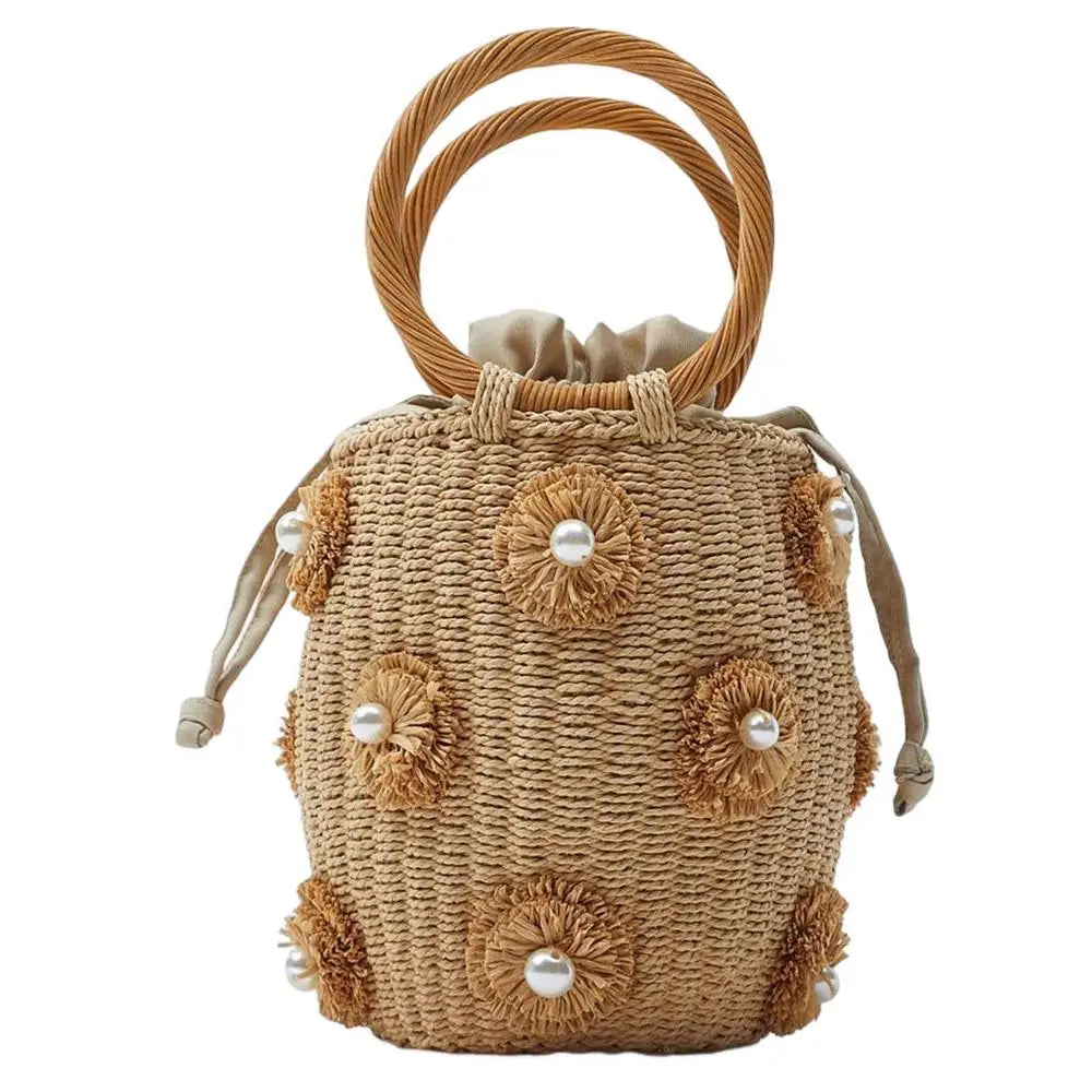 Flower Rattan Bag Woven Tote Bag With Flower Pearl Straw Beach Bag In Bucket Shape For Parties Shopping Travel Camping Hiking