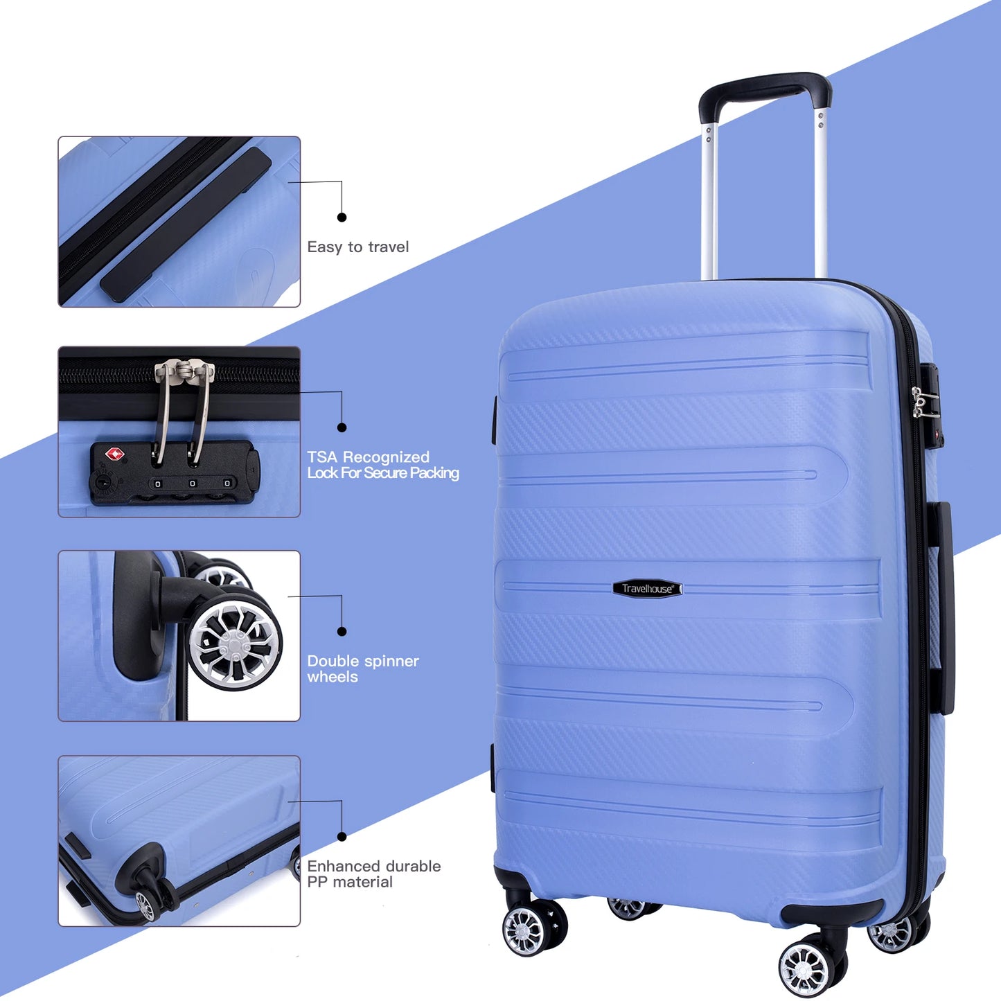 Travelhouse hardshell 3 Piece Set, PP Hard Wheel Suitcase Set with Spinner Wheels, TSA Lock, 20“24”28“